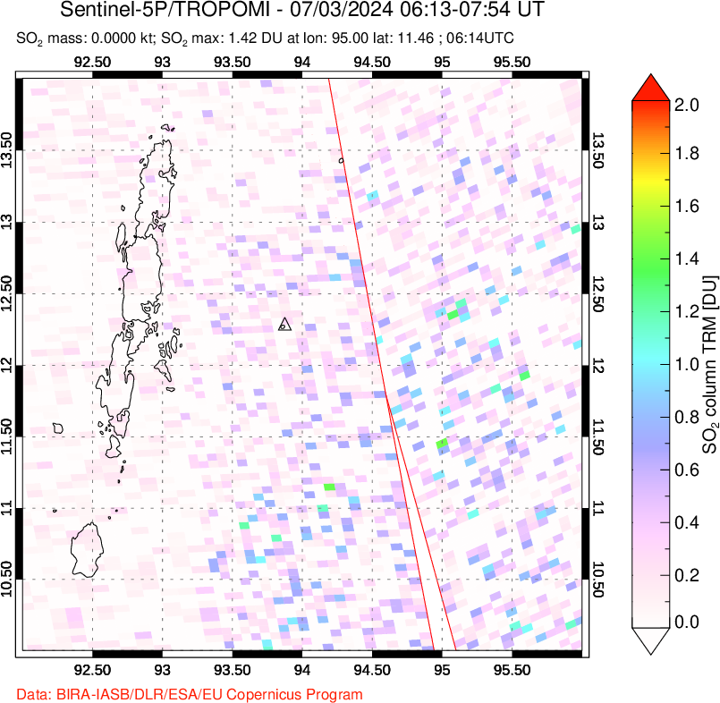 A sulfur dioxide image over Andaman Islands, Indian Ocean on Jul 03, 2024.