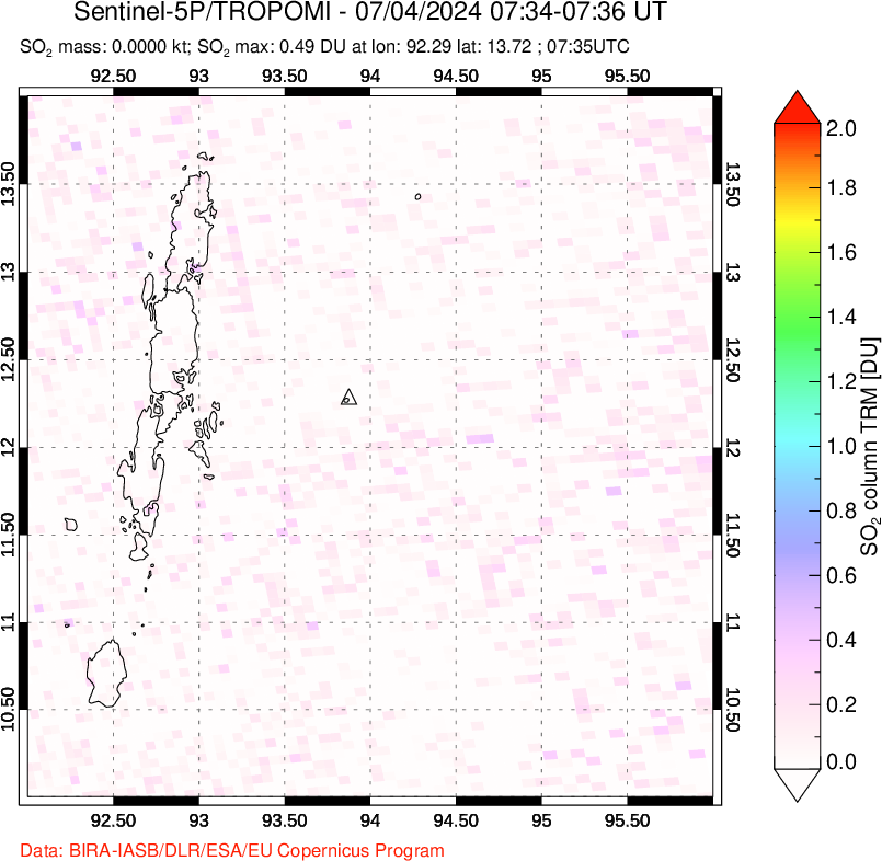 A sulfur dioxide image over Andaman Islands, Indian Ocean on Jul 04, 2024.