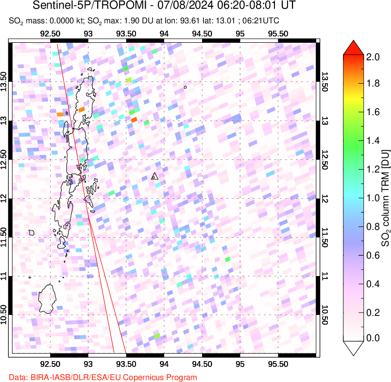 A sulfur dioxide image over Andaman Islands, Indian Ocean on Jul 08, 2024.