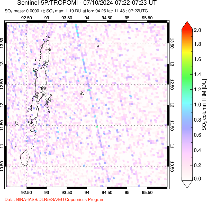 A sulfur dioxide image over Andaman Islands, Indian Ocean on Jul 10, 2024.