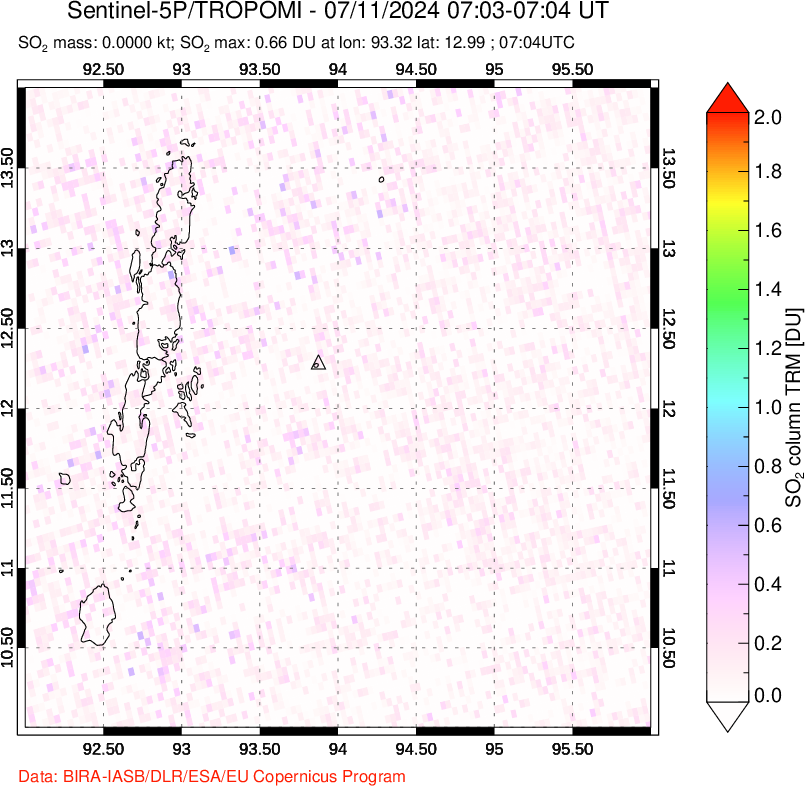 A sulfur dioxide image over Andaman Islands, Indian Ocean on Jul 11, 2024.