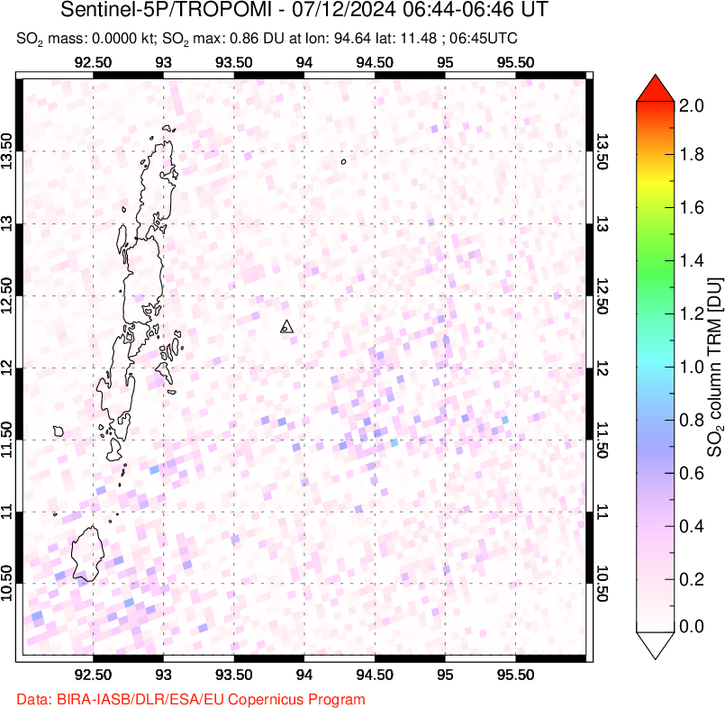 A sulfur dioxide image over Andaman Islands, Indian Ocean on Jul 12, 2024.