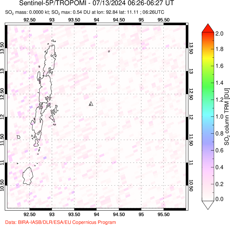 A sulfur dioxide image over Andaman Islands, Indian Ocean on Jul 13, 2024.