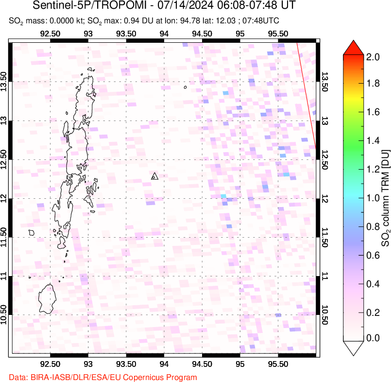 A sulfur dioxide image over Andaman Islands, Indian Ocean on Jul 14, 2024.