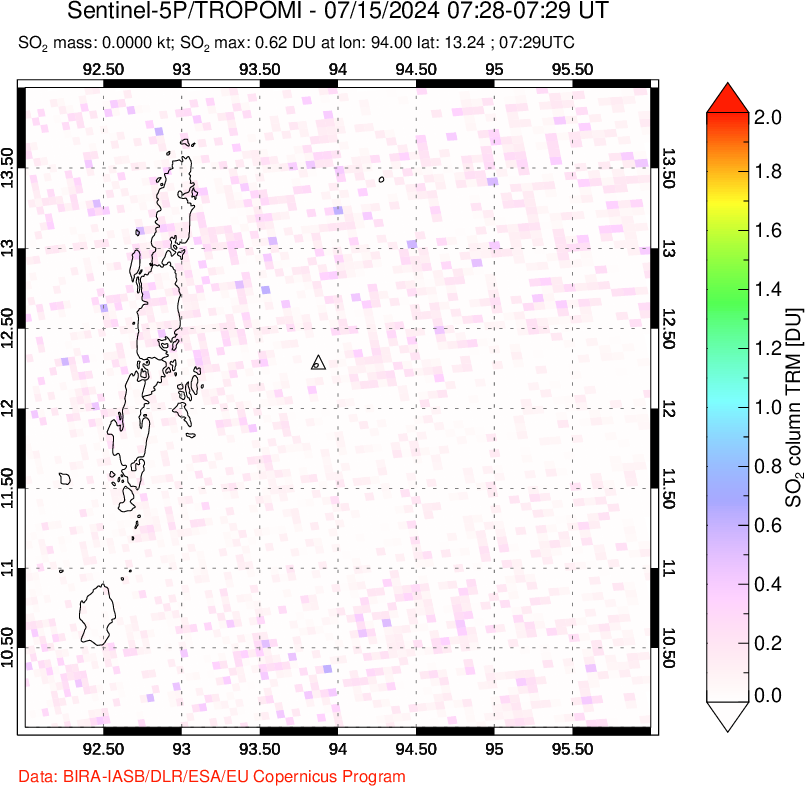 A sulfur dioxide image over Andaman Islands, Indian Ocean on Jul 15, 2024.