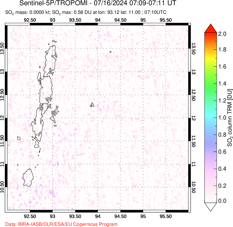 A sulfur dioxide image over Andaman Islands, Indian Ocean on Jul 16, 2024.