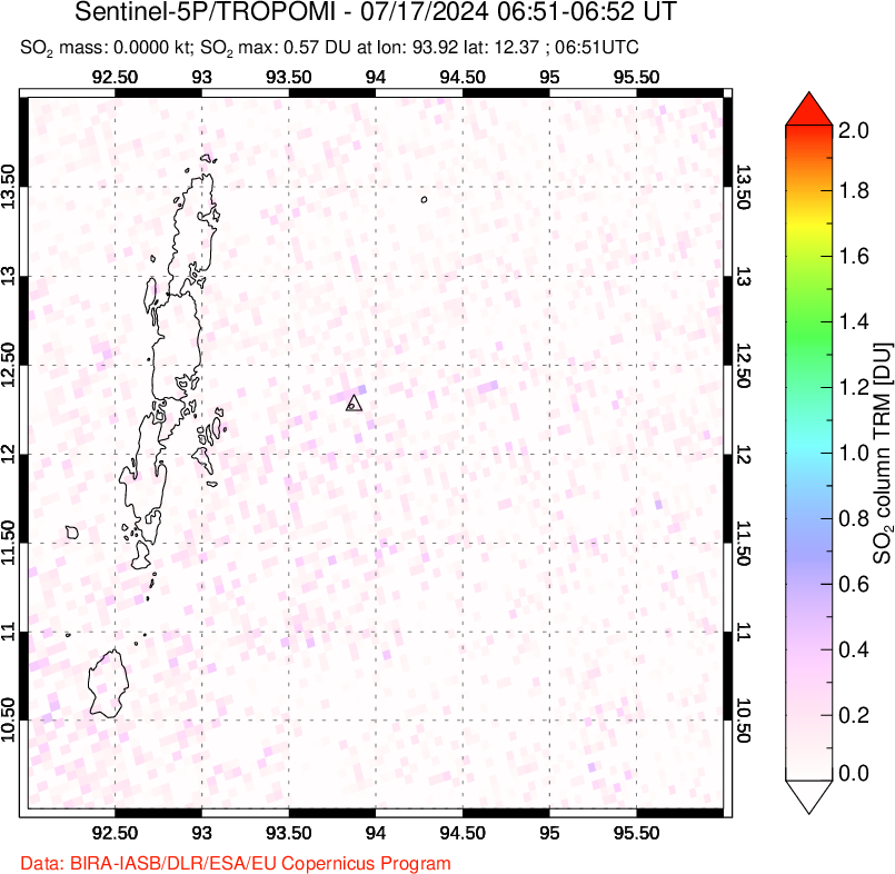 A sulfur dioxide image over Andaman Islands, Indian Ocean on Jul 17, 2024.