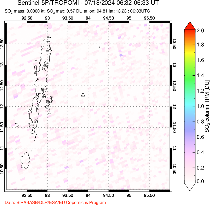 A sulfur dioxide image over Andaman Islands, Indian Ocean on Jul 18, 2024.