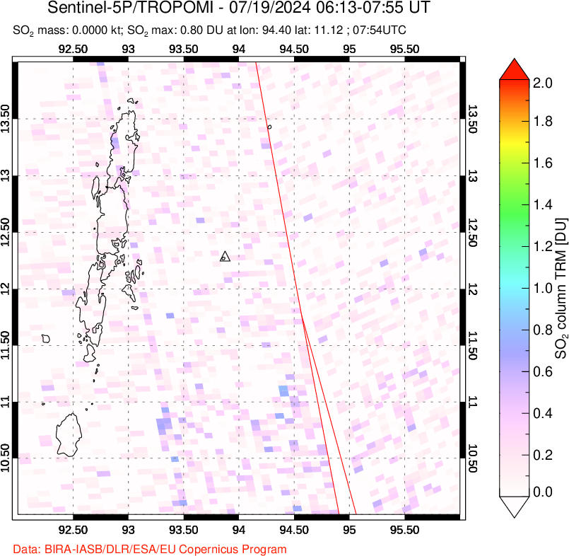 A sulfur dioxide image over Andaman Islands, Indian Ocean on Jul 19, 2024.