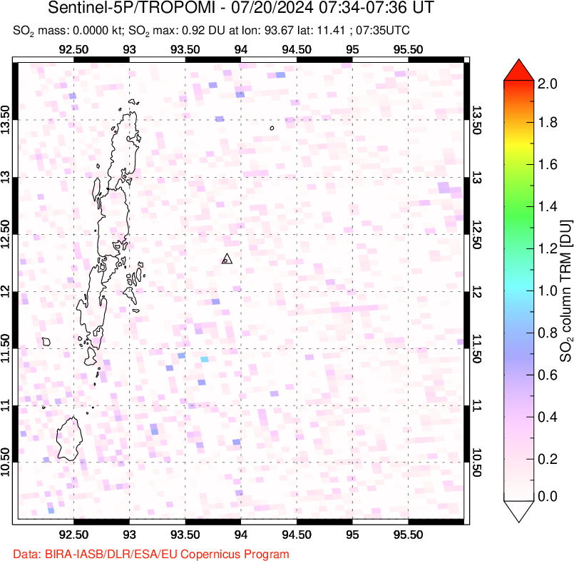 A sulfur dioxide image over Andaman Islands, Indian Ocean on Jul 20, 2024.