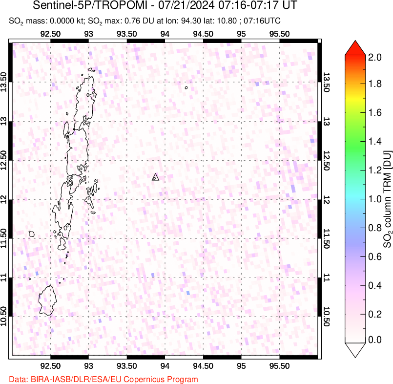 A sulfur dioxide image over Andaman Islands, Indian Ocean on Jul 21, 2024.