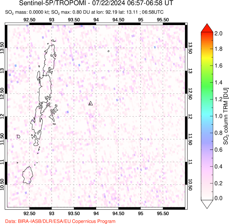 A sulfur dioxide image over Andaman Islands, Indian Ocean on Jul 22, 2024.