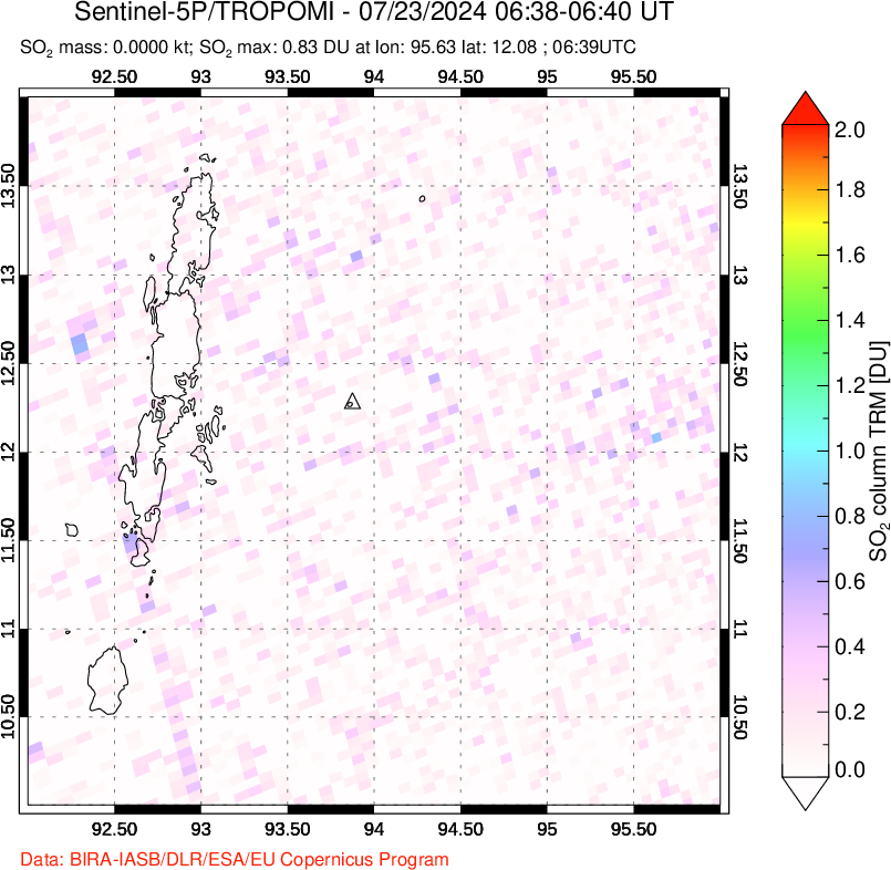 A sulfur dioxide image over Andaman Islands, Indian Ocean on Jul 23, 2024.