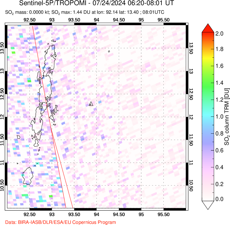 A sulfur dioxide image over Andaman Islands, Indian Ocean on Jul 24, 2024.