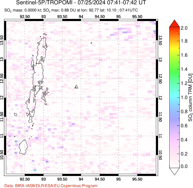 A sulfur dioxide image over Andaman Islands, Indian Ocean on Jul 25, 2024.