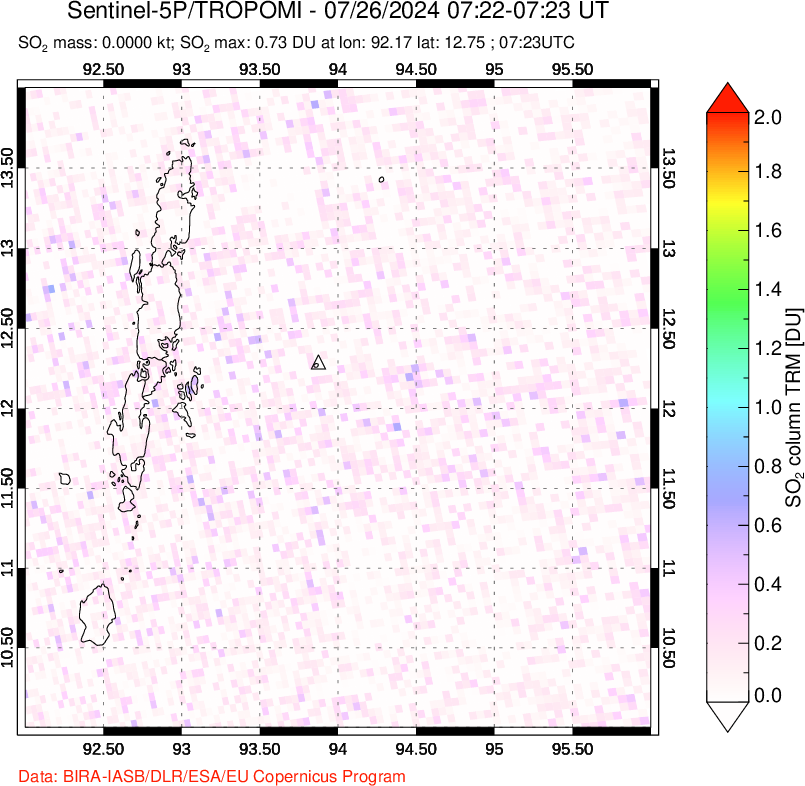 A sulfur dioxide image over Andaman Islands, Indian Ocean on Jul 26, 2024.