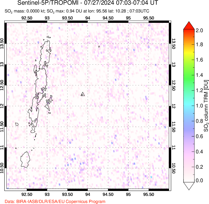 A sulfur dioxide image over Andaman Islands, Indian Ocean on Jul 27, 2024.