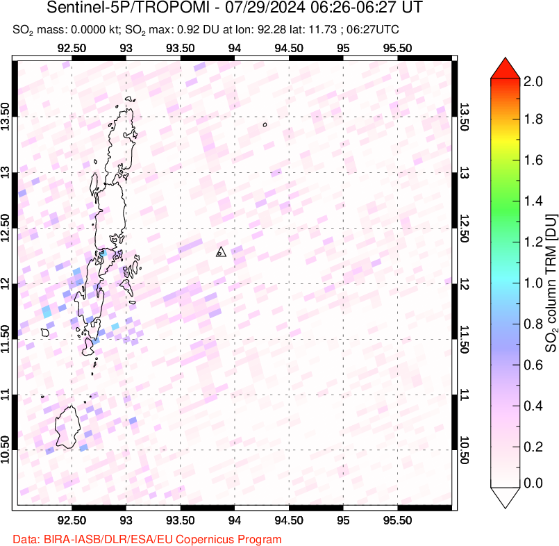 A sulfur dioxide image over Andaman Islands, Indian Ocean on Jul 29, 2024.