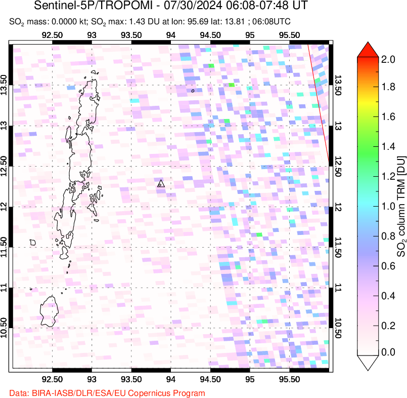 A sulfur dioxide image over Andaman Islands, Indian Ocean on Jul 30, 2024.