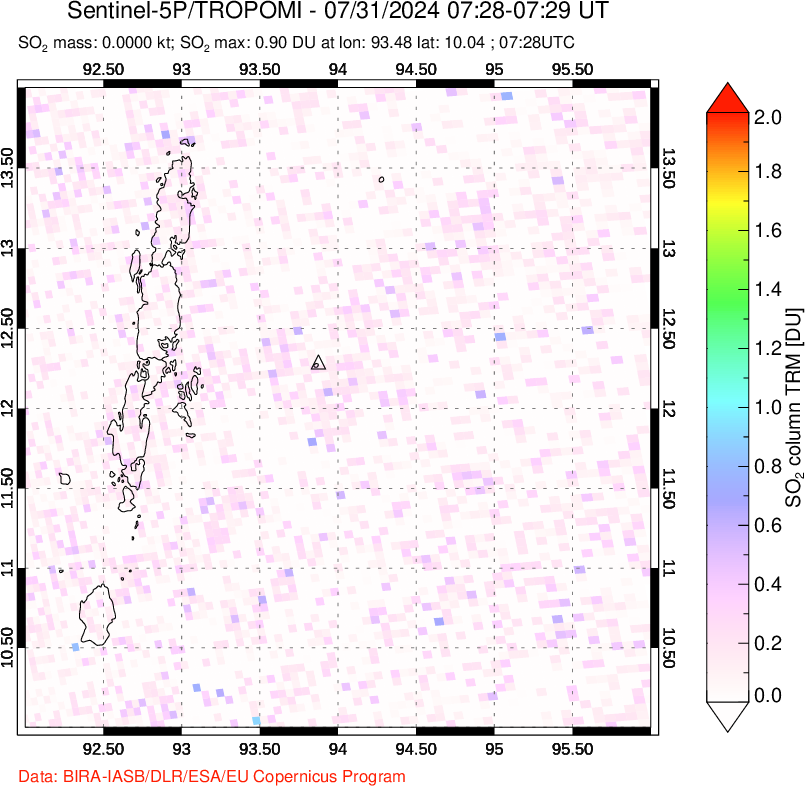 A sulfur dioxide image over Andaman Islands, Indian Ocean on Jul 31, 2024.