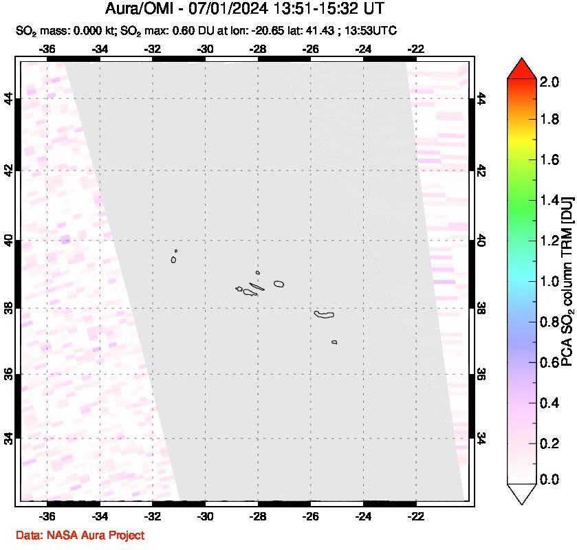 A sulfur dioxide image over Azore Islands, Portugal on Jul 01, 2024.