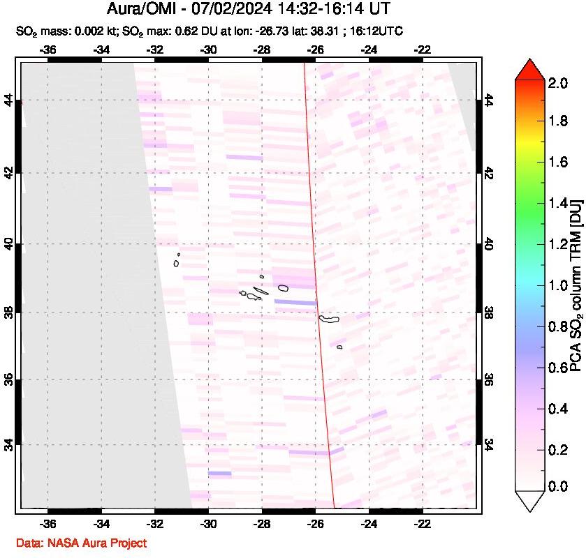 A sulfur dioxide image over Azore Islands, Portugal on Jul 02, 2024.