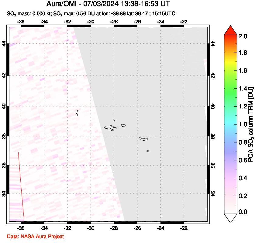 A sulfur dioxide image over Azore Islands, Portugal on Jul 03, 2024.