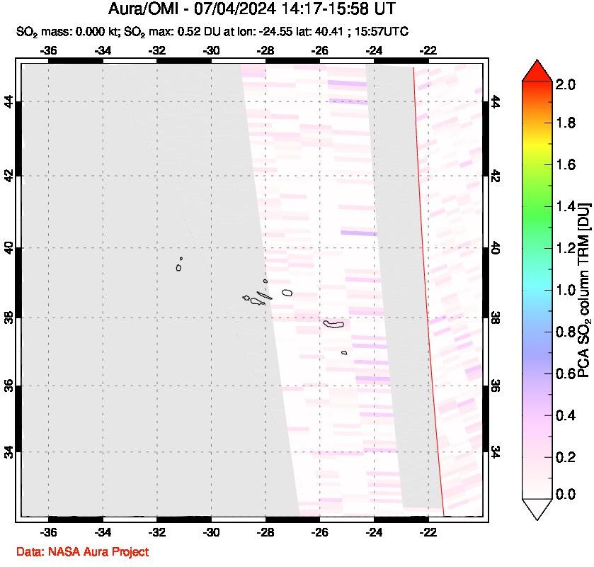 A sulfur dioxide image over Azore Islands, Portugal on Jul 04, 2024.