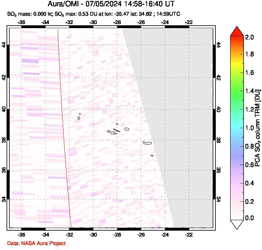 A sulfur dioxide image over Azore Islands, Portugal on Jul 05, 2024.