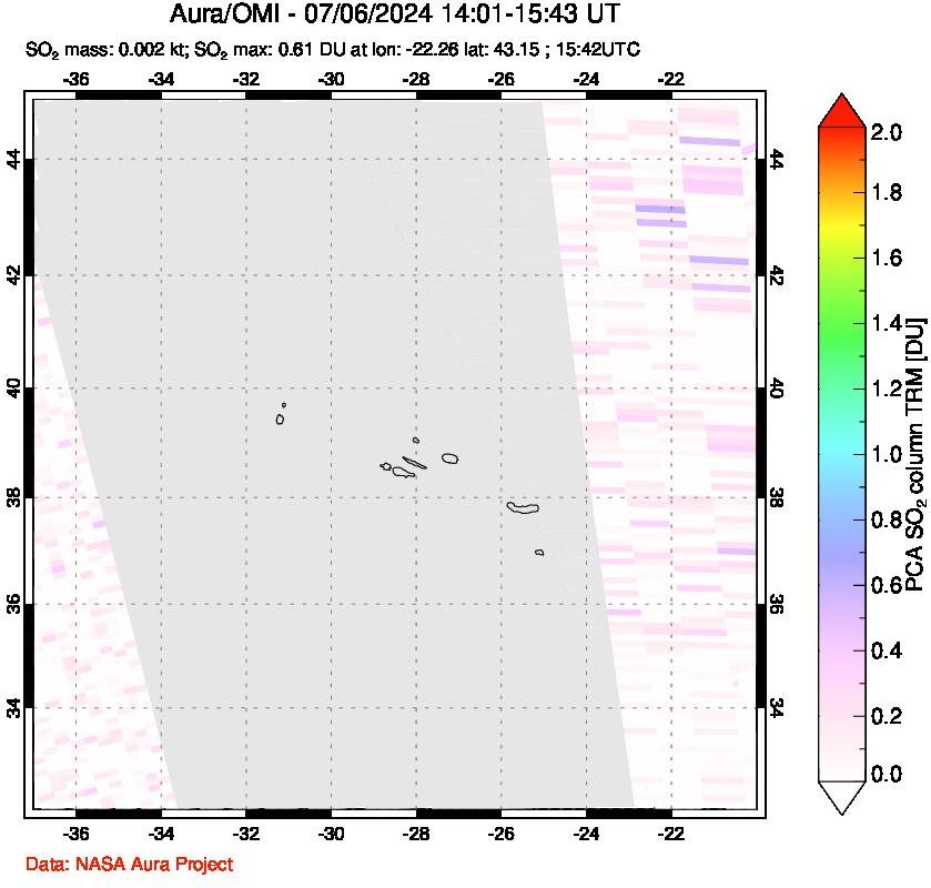 A sulfur dioxide image over Azore Islands, Portugal on Jul 06, 2024.