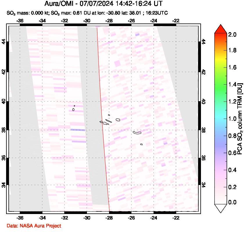 A sulfur dioxide image over Azore Islands, Portugal on Jul 07, 2024.