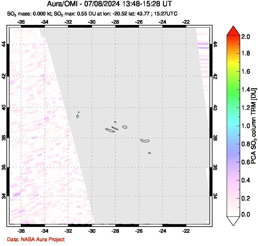 A sulfur dioxide image over Azore Islands, Portugal on Jul 08, 2024.