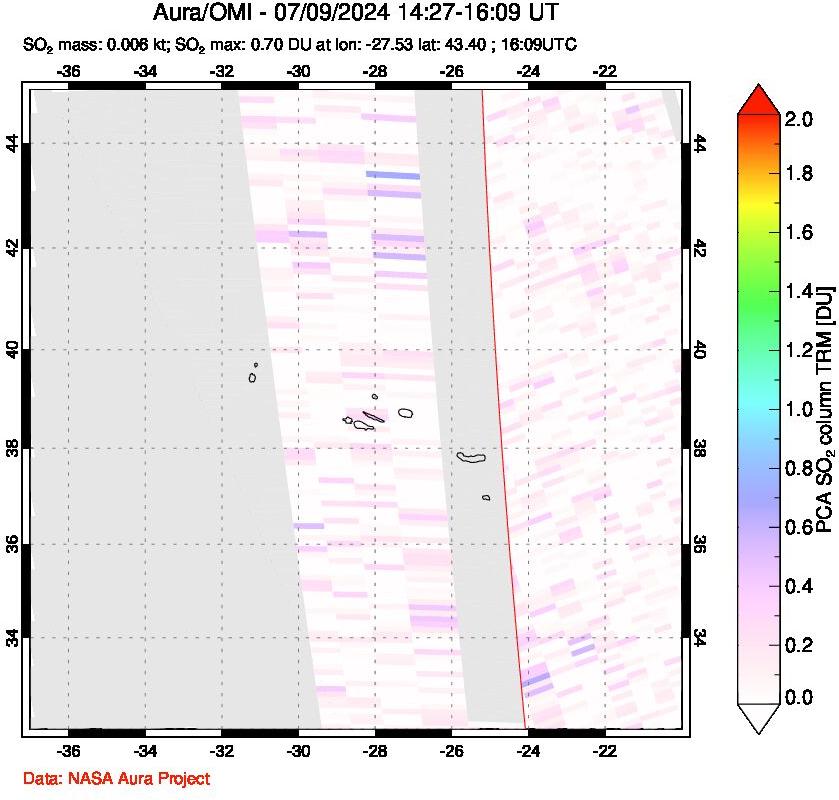 A sulfur dioxide image over Azore Islands, Portugal on Jul 09, 2024.