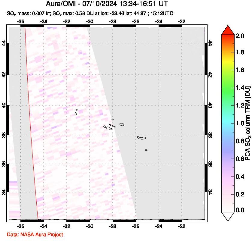 A sulfur dioxide image over Azore Islands, Portugal on Jul 10, 2024.