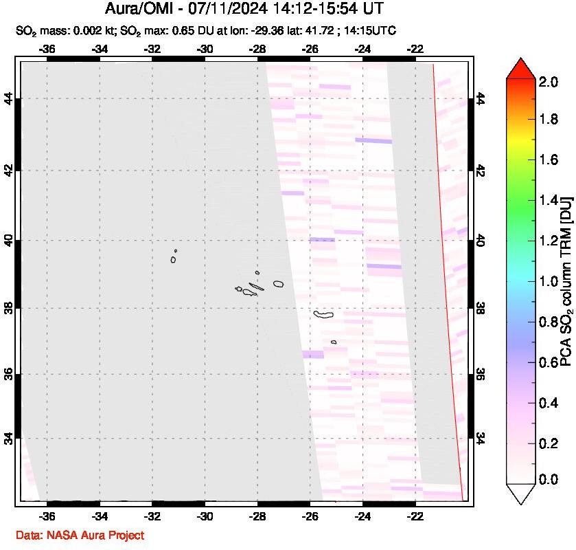 A sulfur dioxide image over Azore Islands, Portugal on Jul 11, 2024.