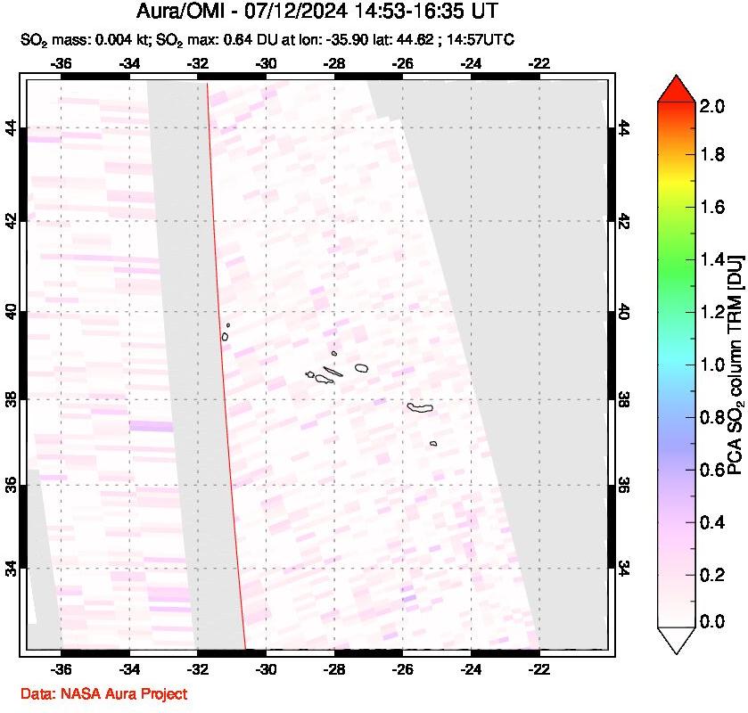 A sulfur dioxide image over Azore Islands, Portugal on Jul 12, 2024.