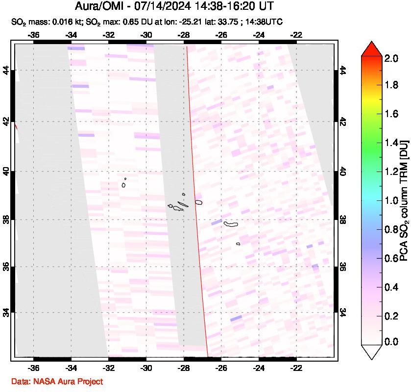 A sulfur dioxide image over Azore Islands, Portugal on Jul 14, 2024.