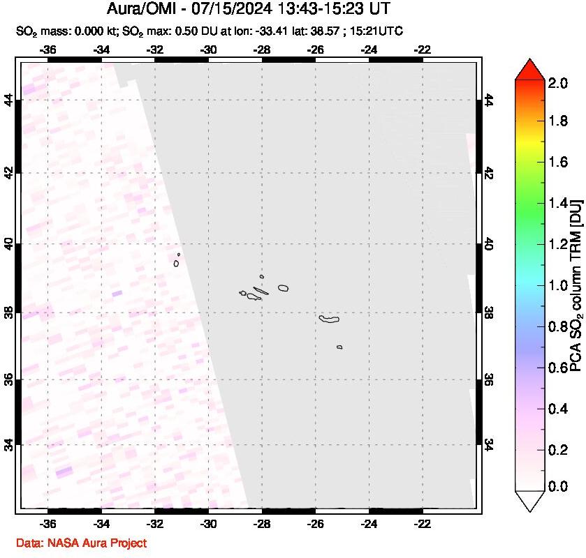 A sulfur dioxide image over Azore Islands, Portugal on Jul 15, 2024.