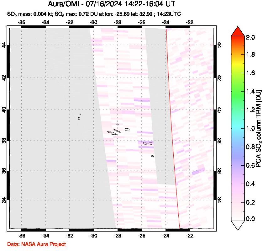 A sulfur dioxide image over Azore Islands, Portugal on Jul 16, 2024.