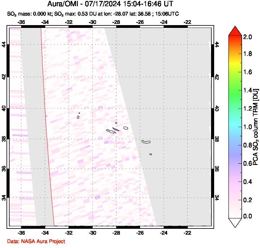 A sulfur dioxide image over Azore Islands, Portugal on Jul 17, 2024.