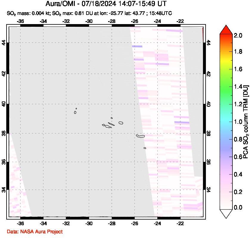 A sulfur dioxide image over Azore Islands, Portugal on Jul 18, 2024.