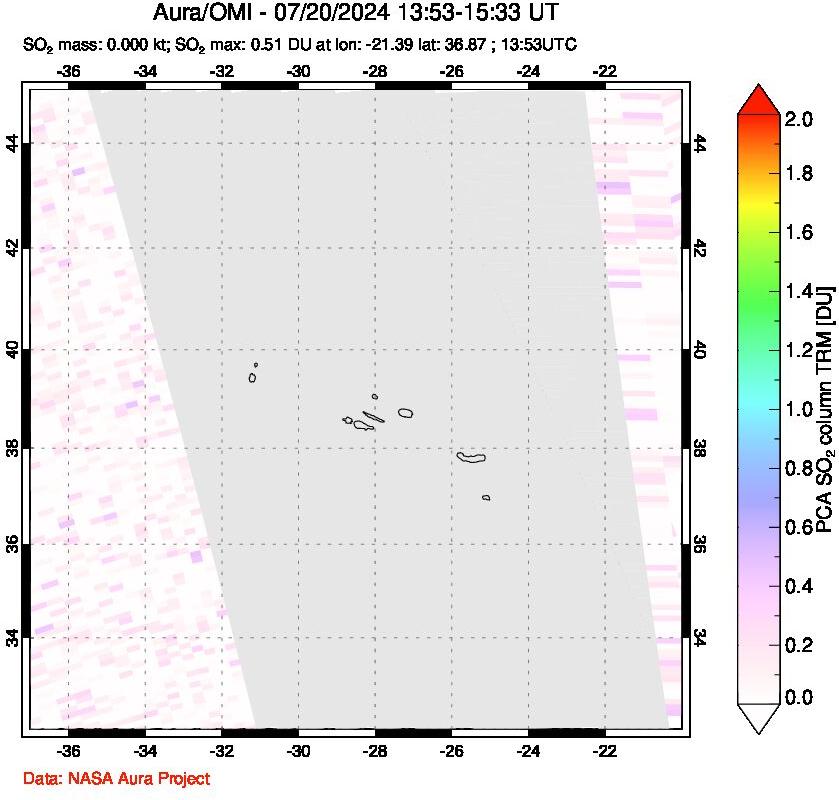 A sulfur dioxide image over Azore Islands, Portugal on Jul 20, 2024.