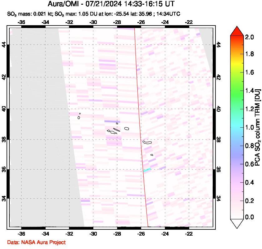 A sulfur dioxide image over Azore Islands, Portugal on Jul 21, 2024.