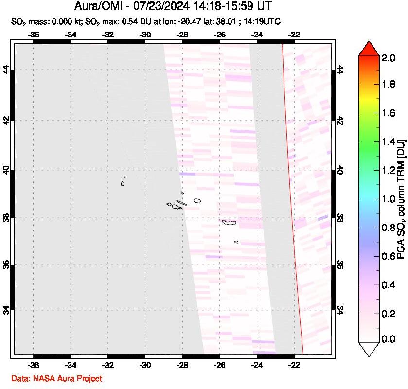 A sulfur dioxide image over Azore Islands, Portugal on Jul 23, 2024.