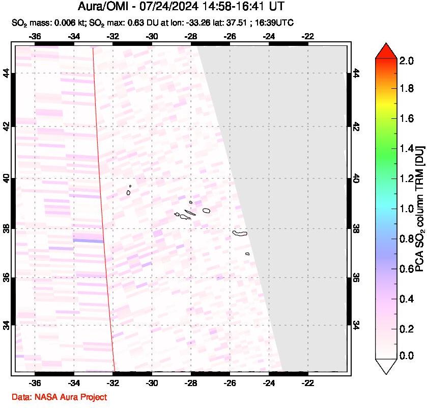 A sulfur dioxide image over Azore Islands, Portugal on Jul 24, 2024.