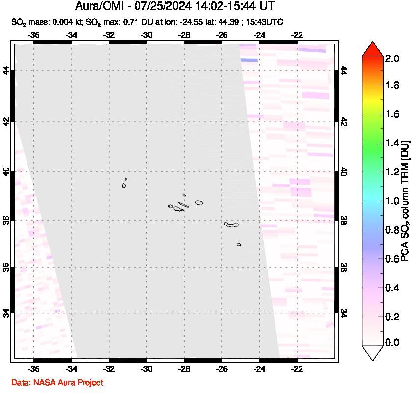 A sulfur dioxide image over Azore Islands, Portugal on Jul 25, 2024.