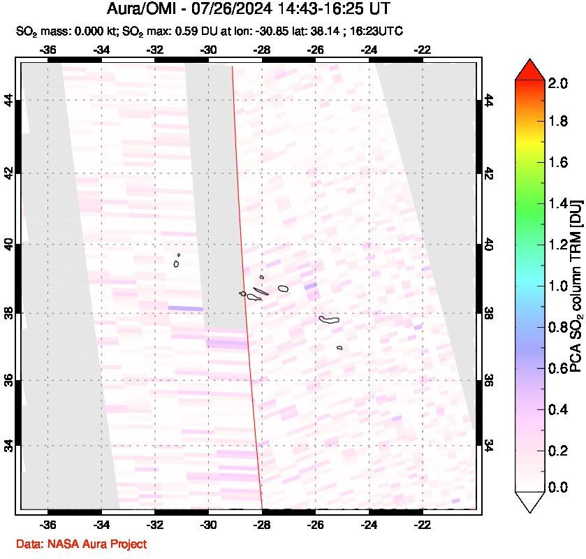 A sulfur dioxide image over Azore Islands, Portugal on Jul 26, 2024.