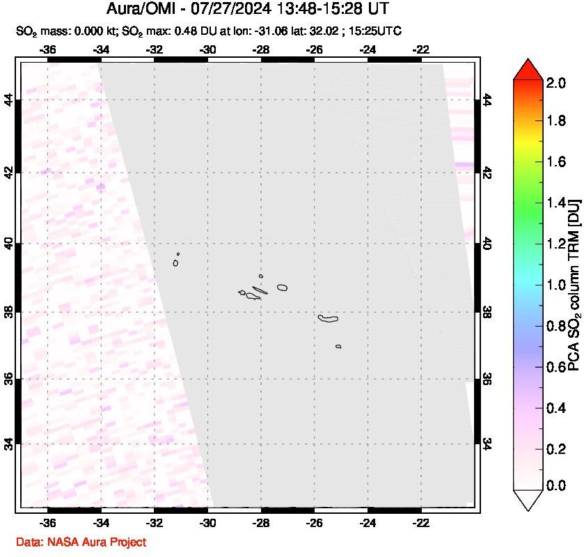 A sulfur dioxide image over Azore Islands, Portugal on Jul 27, 2024.