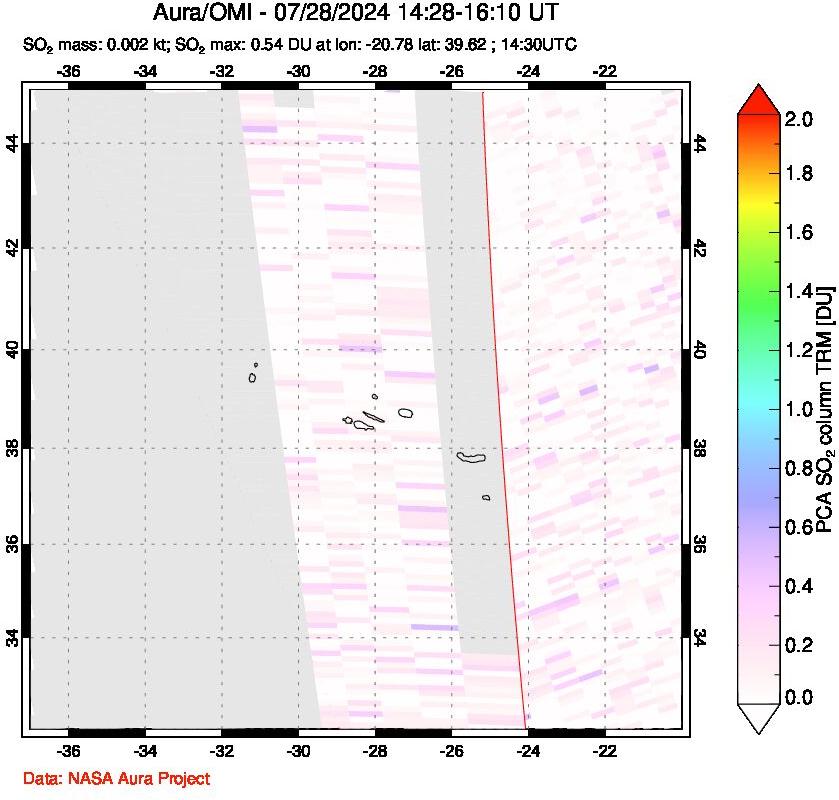 A sulfur dioxide image over Azore Islands, Portugal on Jul 28, 2024.