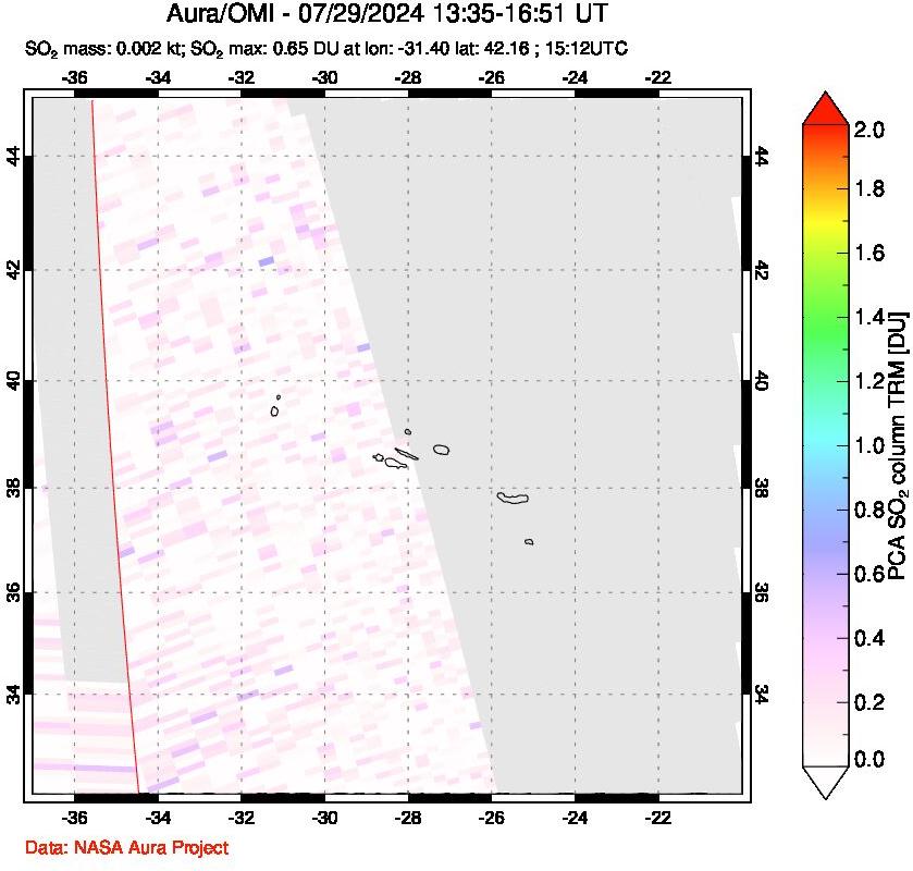 A sulfur dioxide image over Azore Islands, Portugal on Jul 29, 2024.